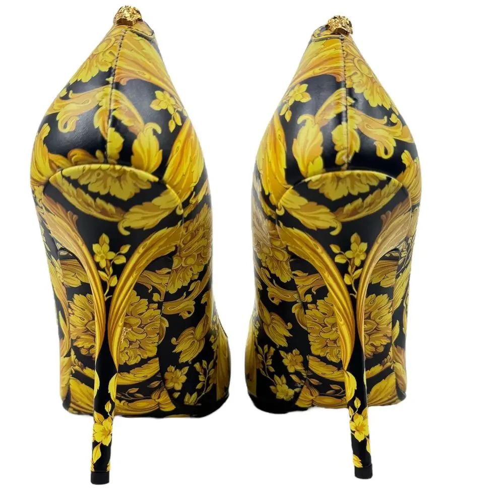 Versace Borocco Medusa Leather Heels Pointed Toe Printed Black And Gold 39.5